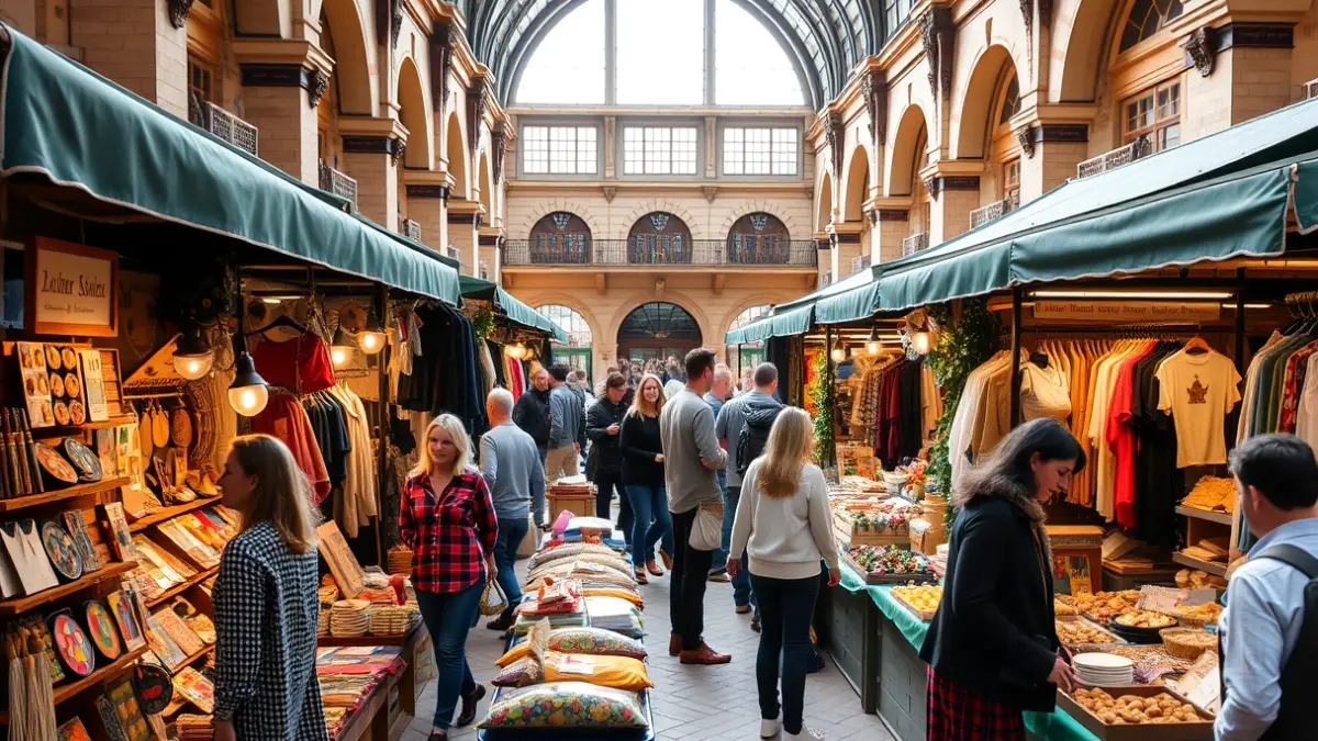 Imagen de un mercadillo solidario con puestos de artesanía y comida, en un edificio histórico.