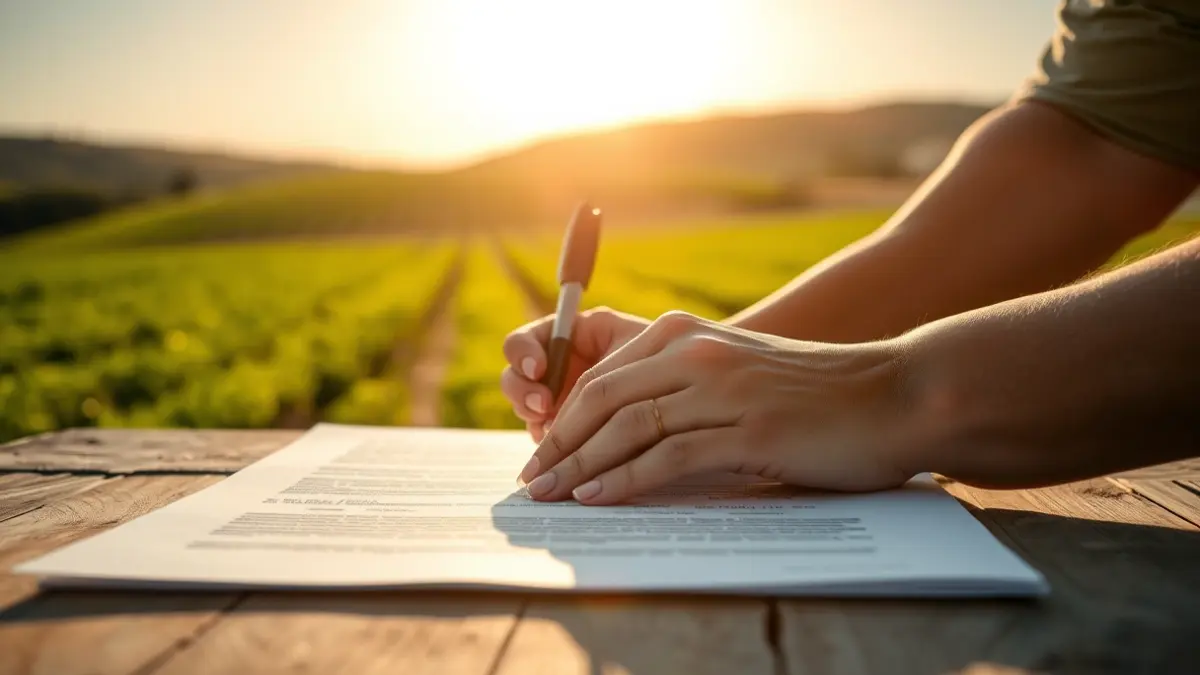 Image of hands signing a document, with agricultural fields in the background.