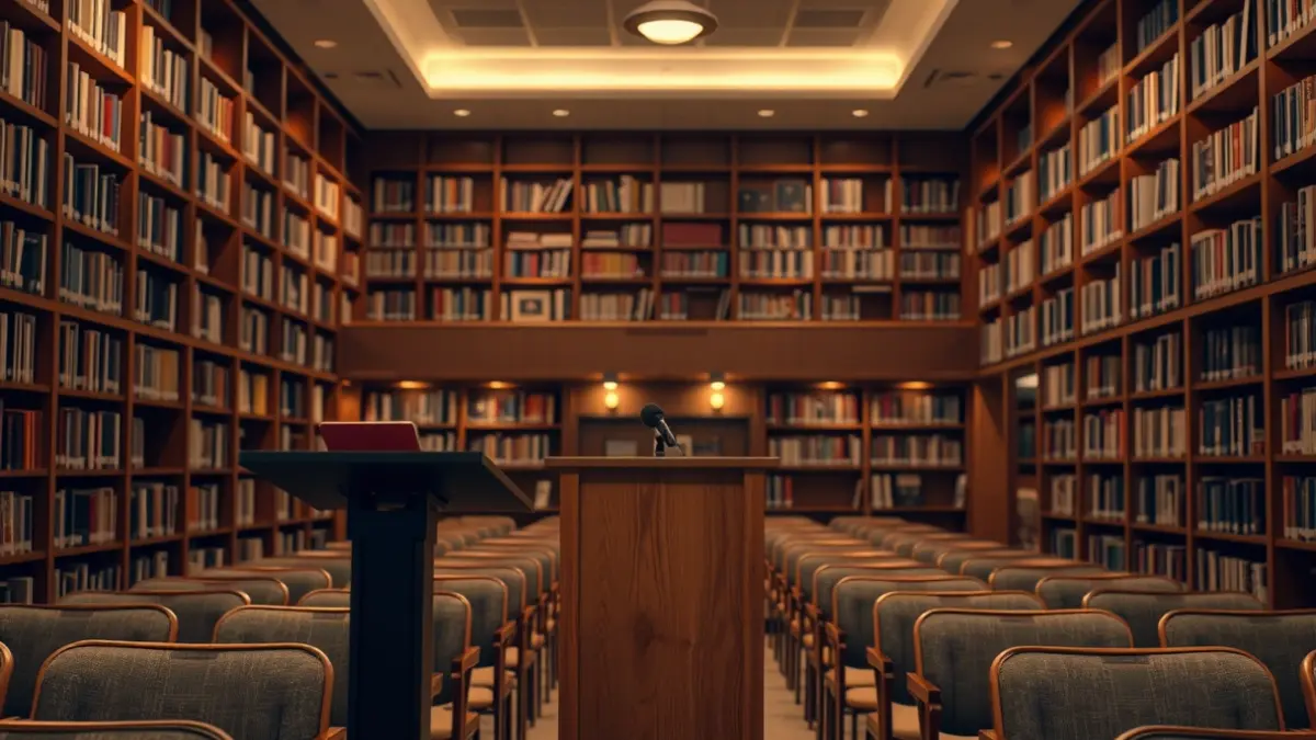 Imagen genérica de una biblioteca con un podio y sillas vacías, iluminada cálidamente.
