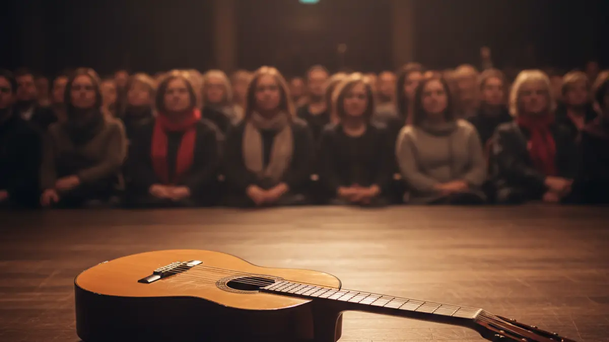 Imagen genérica de una guitarra clásica en un escenario, representando un concierto.