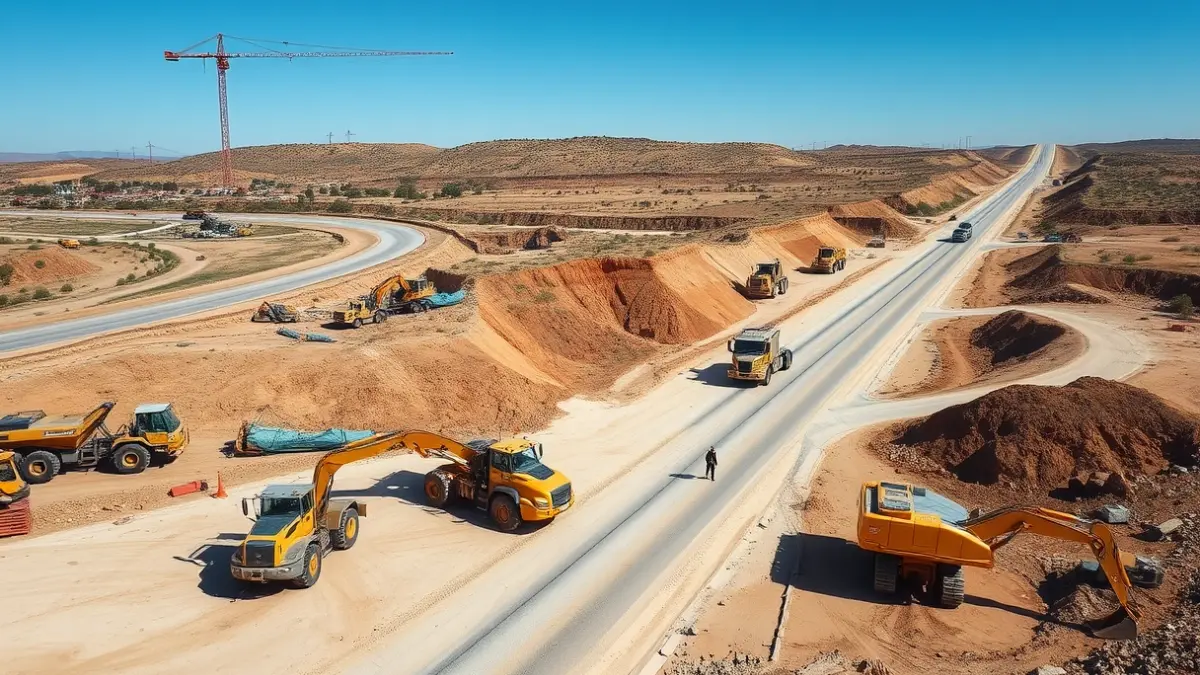 Imagen de obras de urbanización con maquinaria pesada en un terreno soleado.