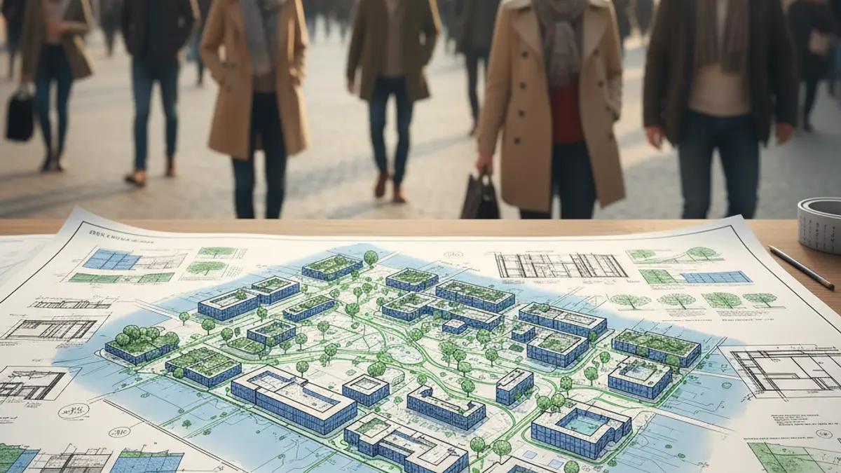 Image of an urban plan or design showing the planning of new green areas and tree planting in a city.