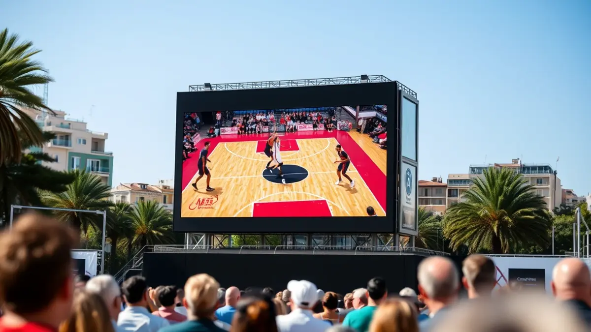 Image of a giant screen showing a basketball game at a public event.