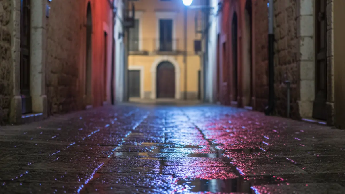 Generic image of emergency lights reflected on wet asphalt.