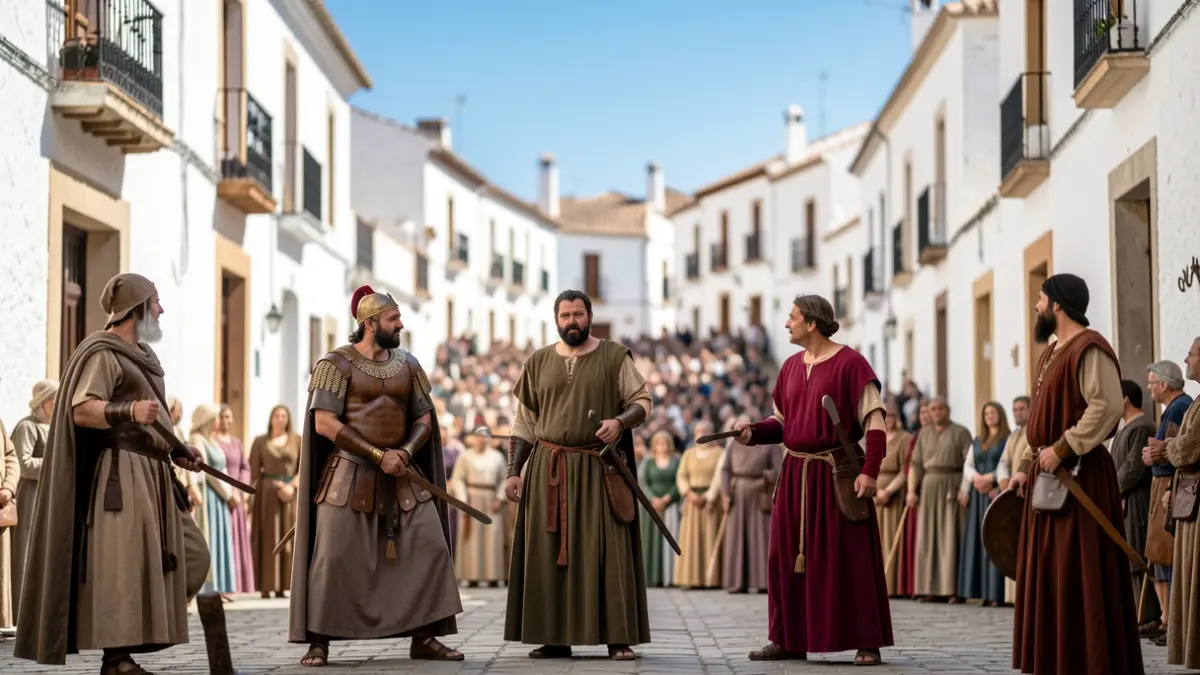 Image of a historical reenactment of ancient Rome in the streets of Córdoba, with actors and spectators.