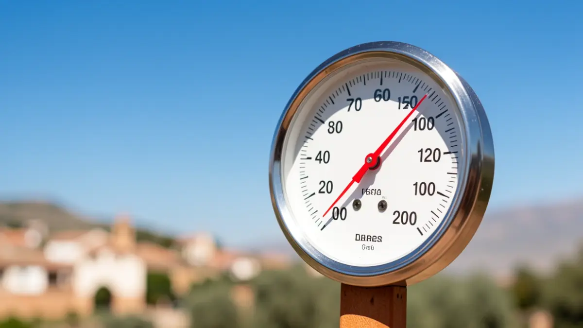 Termómetro marcando una temperatura muy alta bajo un cielo azul.
