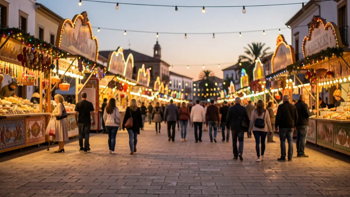 Ambiente festivo en el recinto ferial de Córdoba al atardecer.