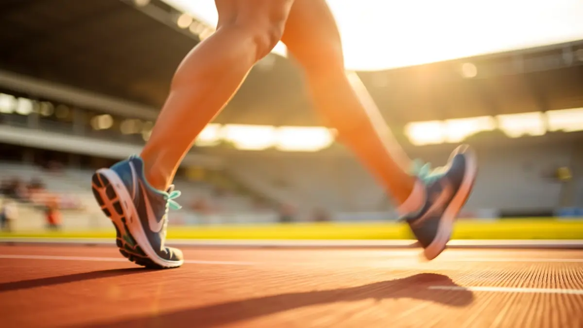 Primer plano de los pies de una corredora de élite en una pista de atletismo al atardecer.