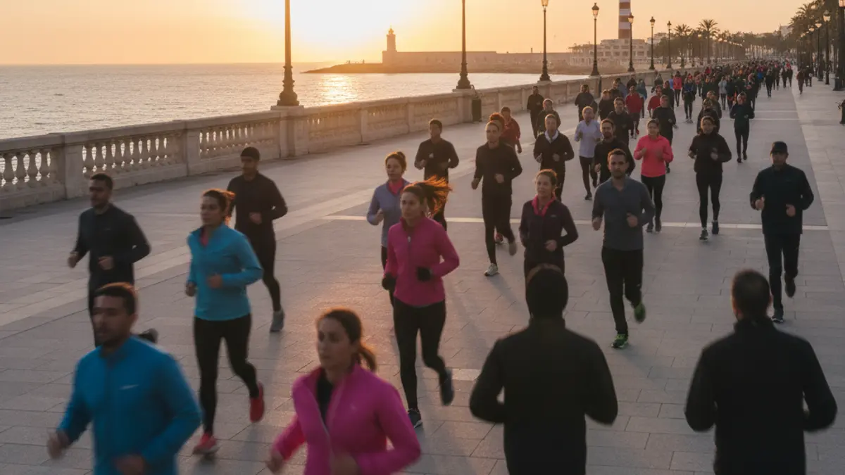 Imagen genérica de un grupo de personas corriendo por un paseo marítimo al atardecer.
