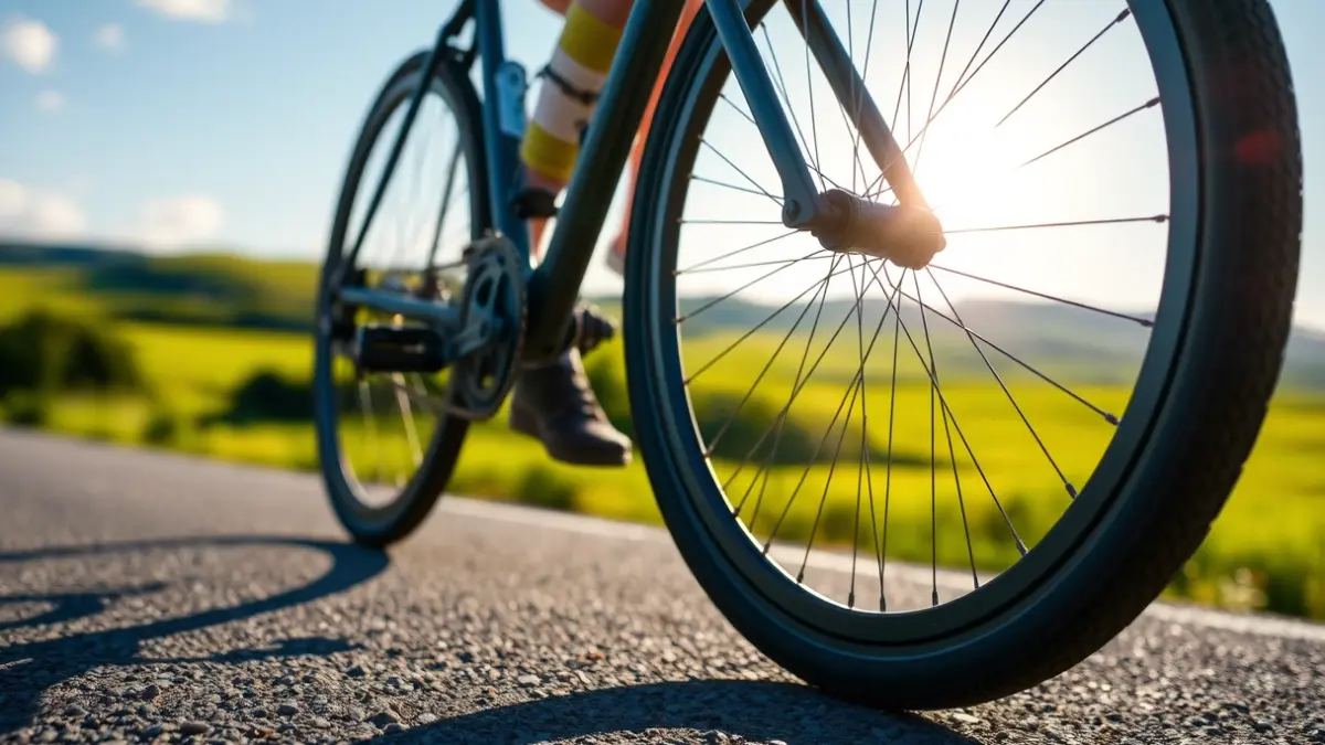 Generic image of a bicycle wheel on a road, with a rural landscape in the background.