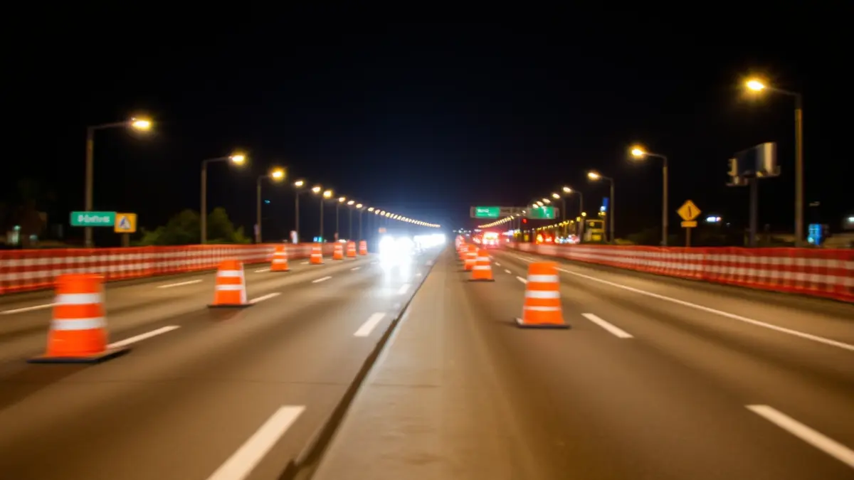 Generic image of night roadworks with safety cones and flashing lights.