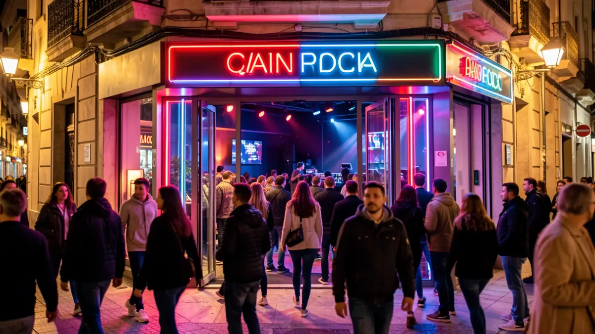 Imagen genérica de la entrada de una discoteca moderna por la noche en una ciudad española.