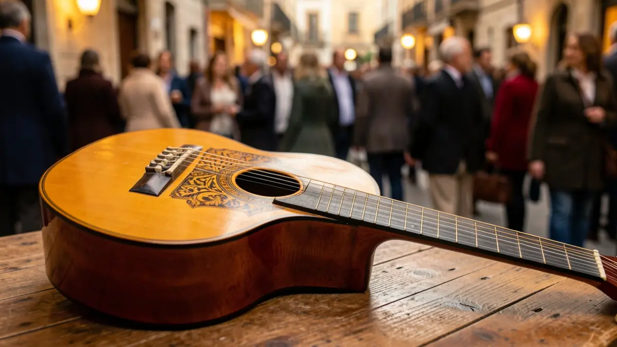 Close-up of a flamenco guitar with intricate details, on a wooden surface, with warm ambient lighting.