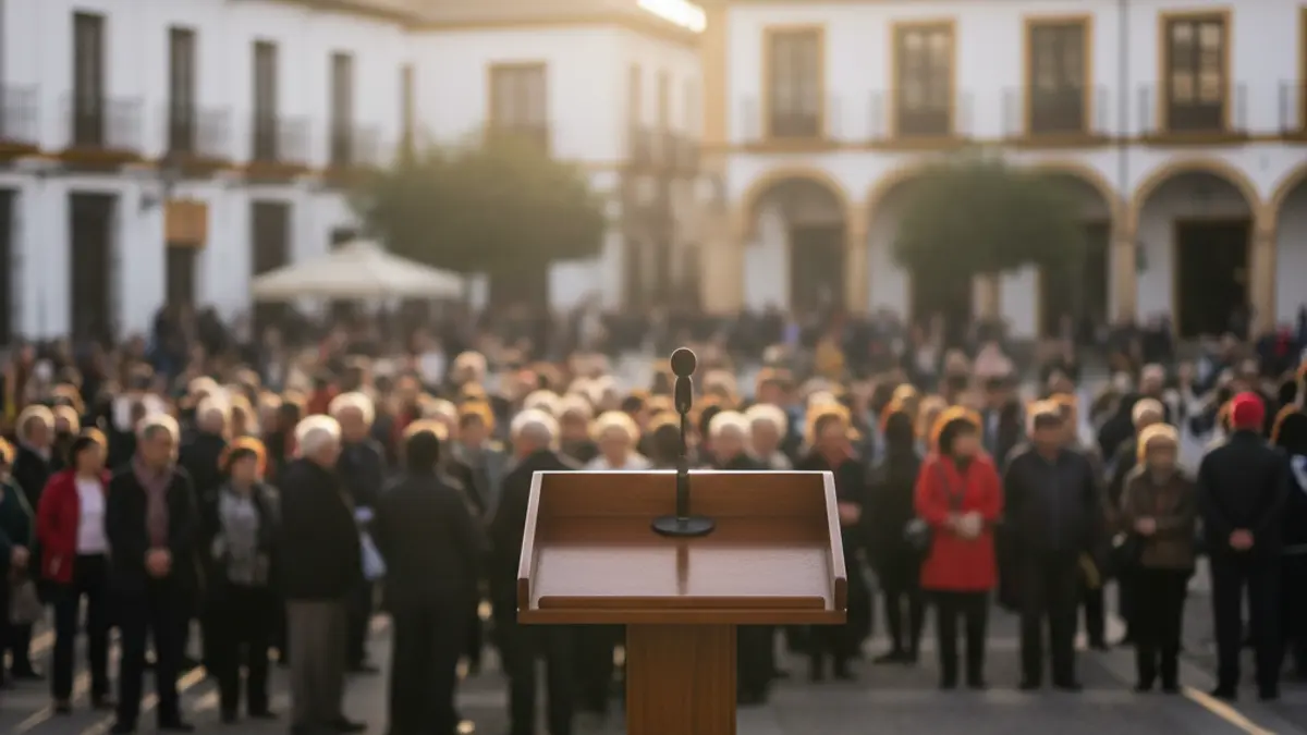 Imagen genérica de un micrófono en un atril durante un acto político en una plaza andaluza.
