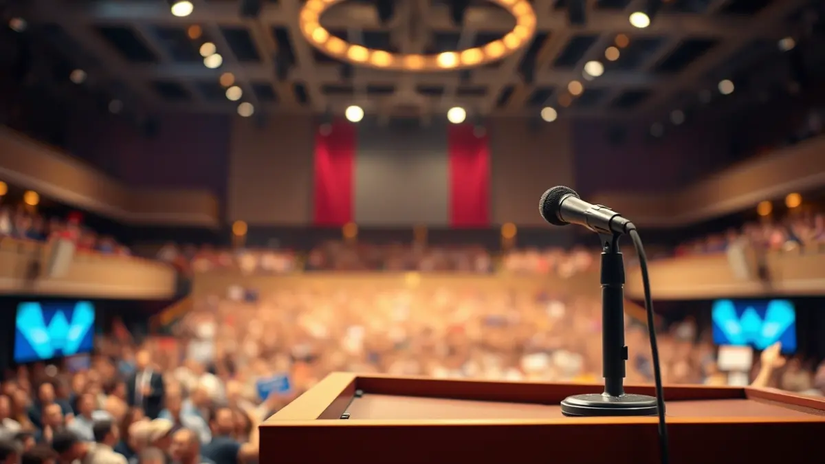 Generic image of a microphone on a podium at a political event.