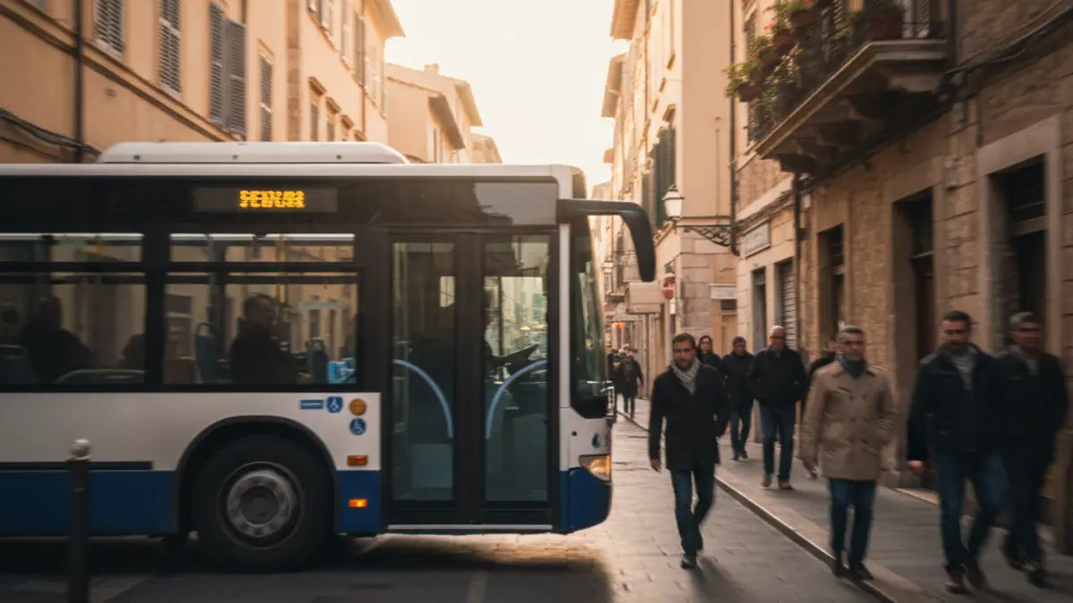 Generic image of a city bus on a narrow street in a Mediterranean city.