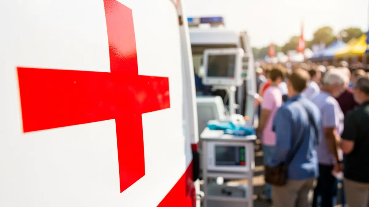 Generic image of Red Cross attending to people at a crowded event under the sun.