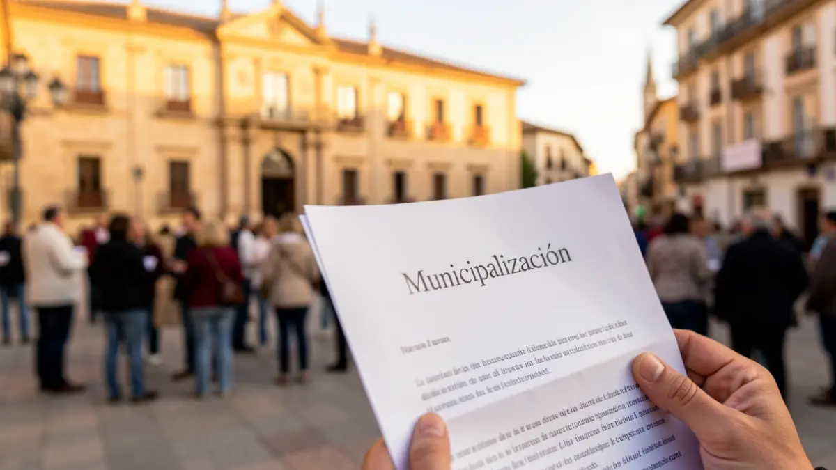 Close-up of a document with the word 'Municipalization' and a blurred Andalusian town hall facade in the background.