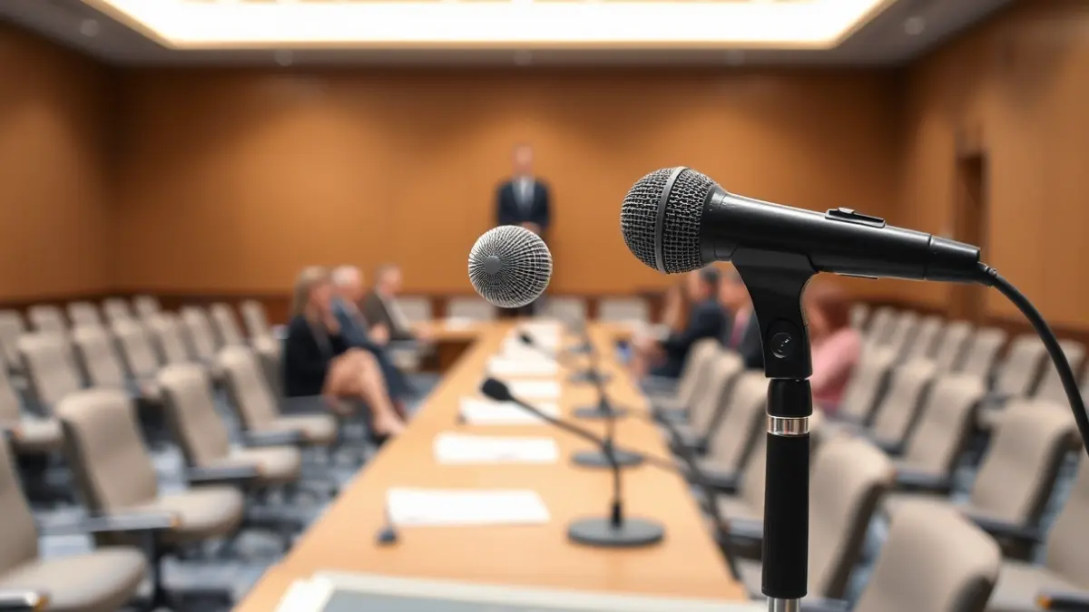 Generic image of a microphone on a podium, symbolizing a meeting or negotiation.