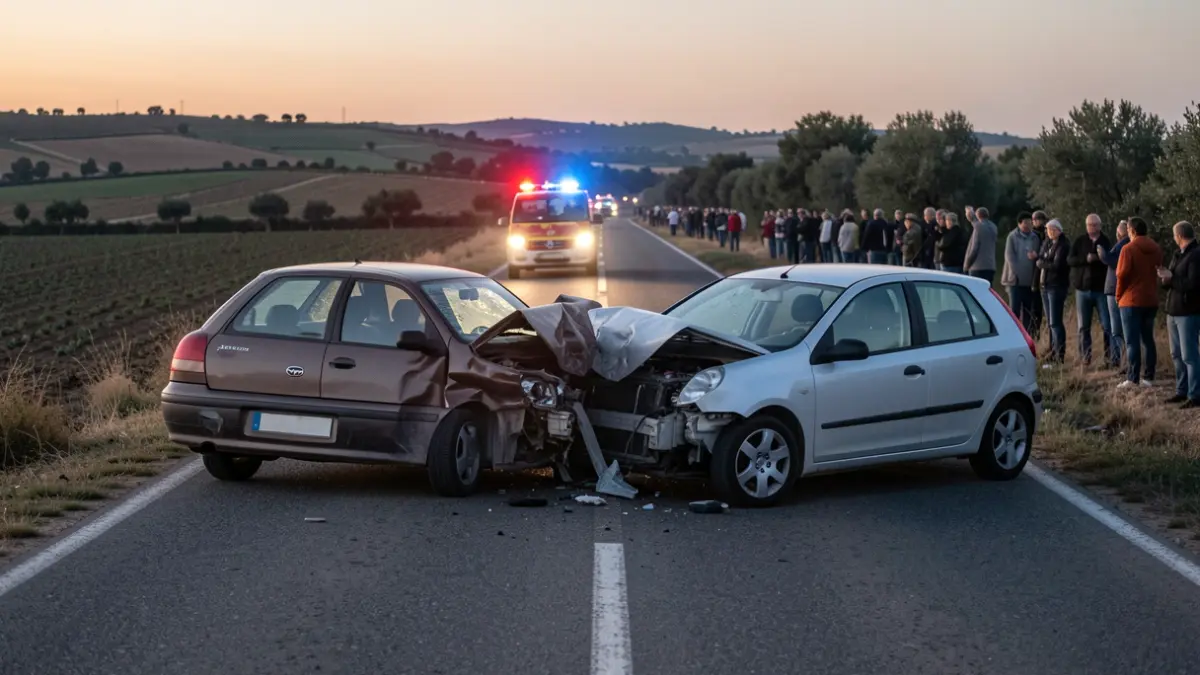 Image of two crashed cars on a rural road at dusk.