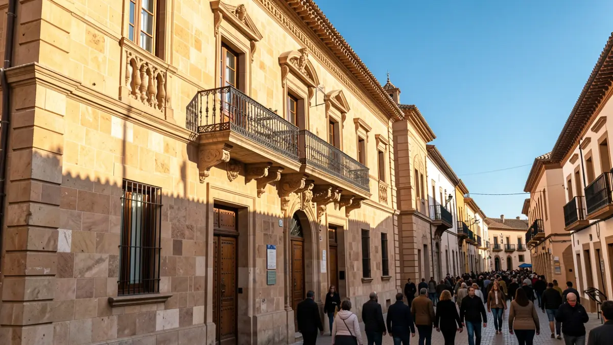 Fachada del Ayuntamiento de Córdoba con balcón y barandillas de hierro, luz de tarde.