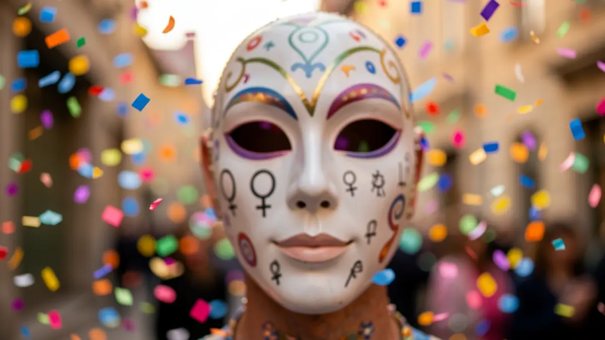 Generic image of a carnival mask with symbolic elements of gender and humor.