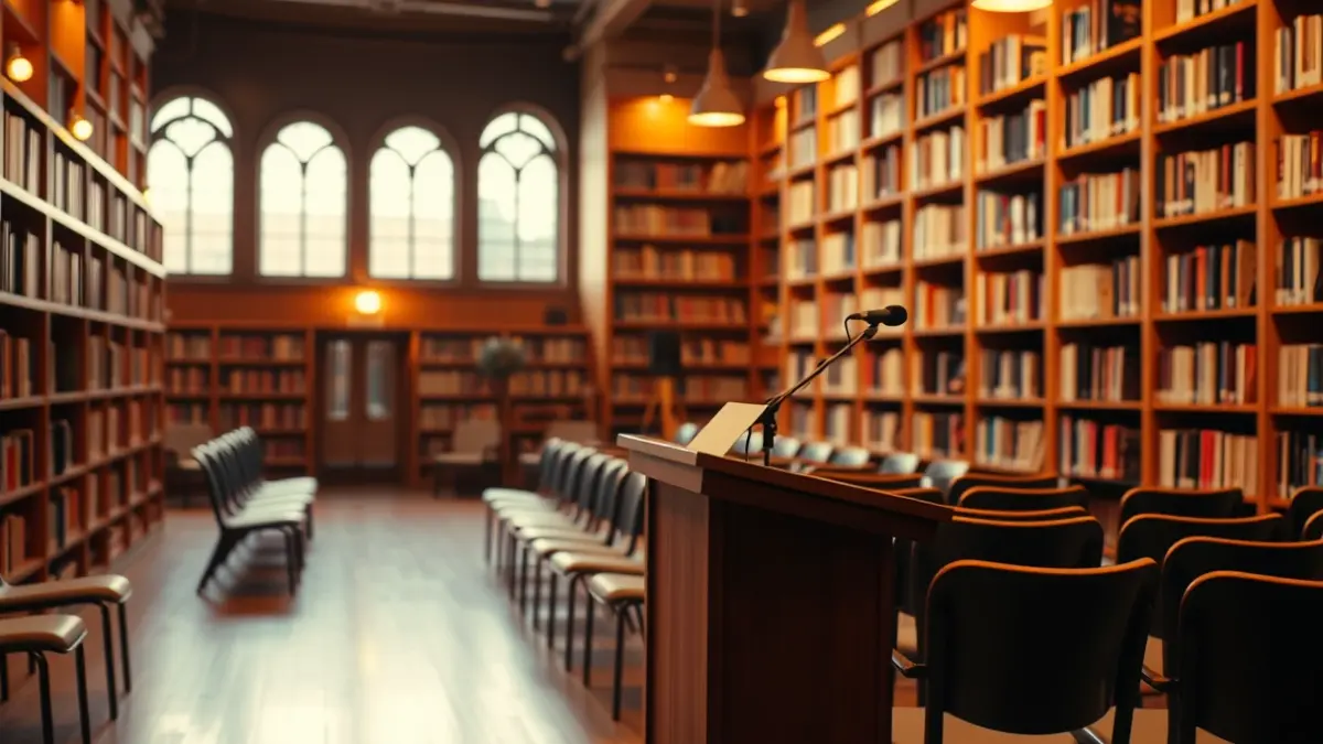 Imagen genérica de un aula o sala de conferencias con un micrófono y sillas vacías, iluminada cálidamente.