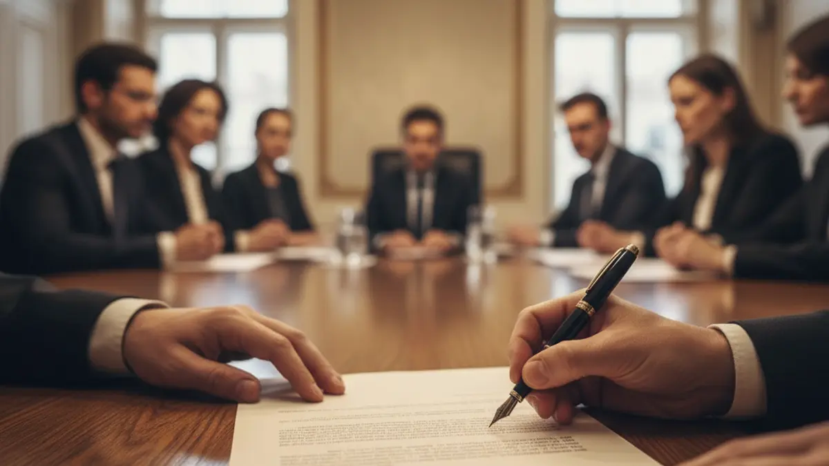 Generic image of a work meeting where documents are being signed.