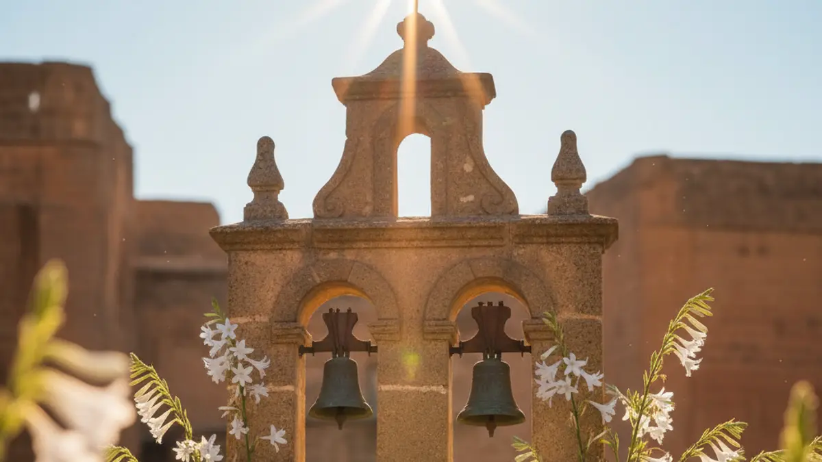 Image of the bell tower of the Sanctuary of Christ of Light in Dalías, framed by nard flowers and a burst of light.
