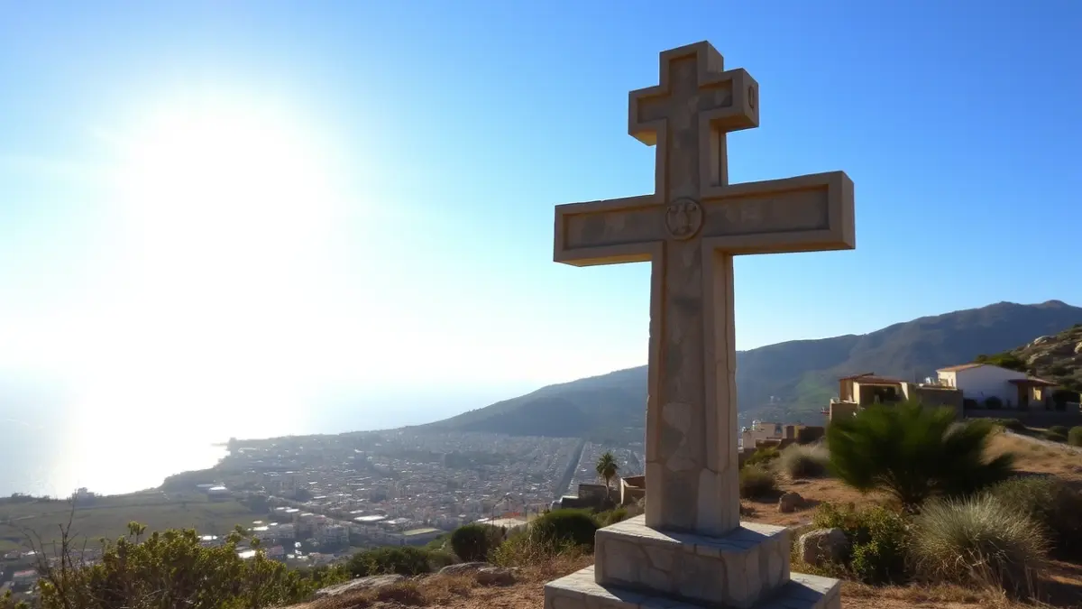 Image of a stone cross on a hill, with a Mediterranean village in the background.