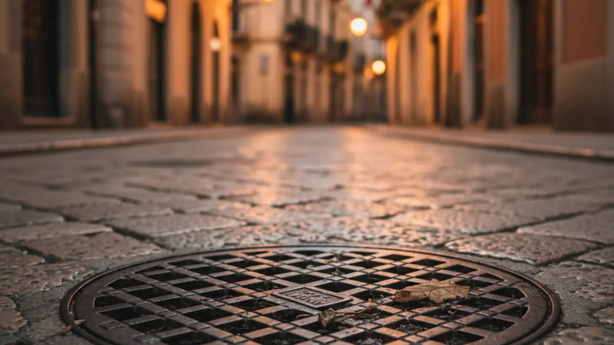 Generic image of a sewer grate on an urban street.
