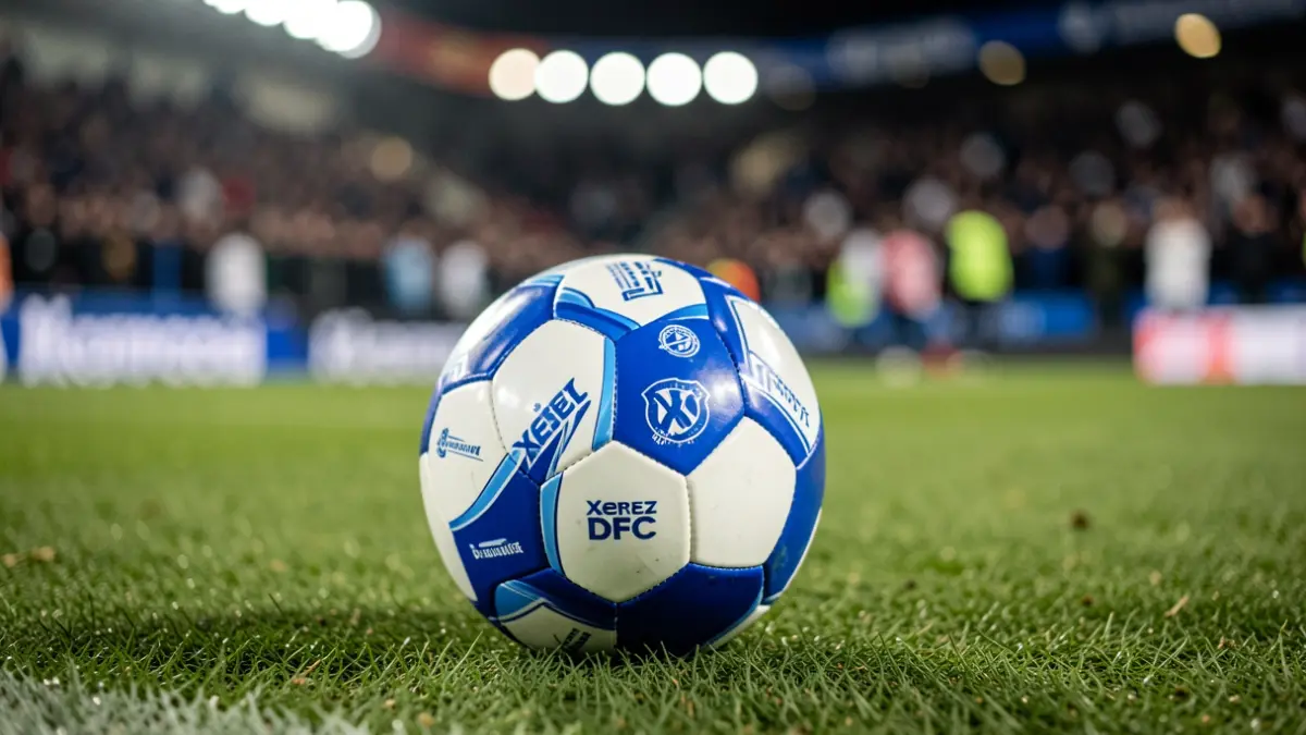 Imagen genérica de un balón de fútbol con los colores del Xerez DFC sobre césped.