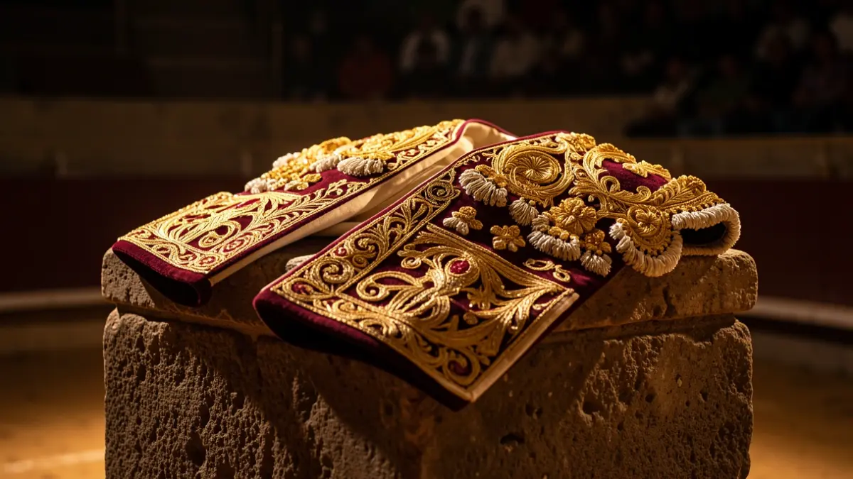 Primer plano de un capote de torero con bordados intrincados, sobre un pedestal de piedra en una plaza de toros tenuemente iluminada.