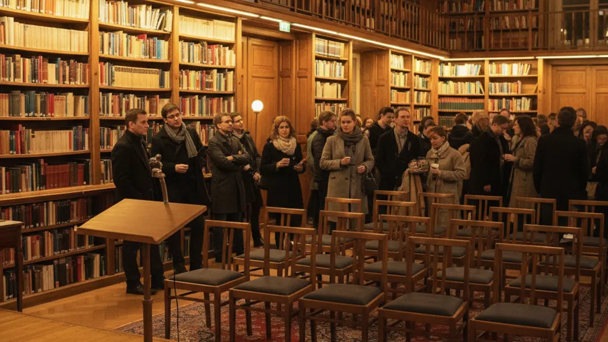 Imagen genérica de una sala de presentación de libros en una biblioteca.