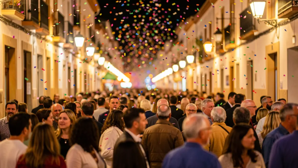 Generic image of a carnival crowd with confetti and lights.