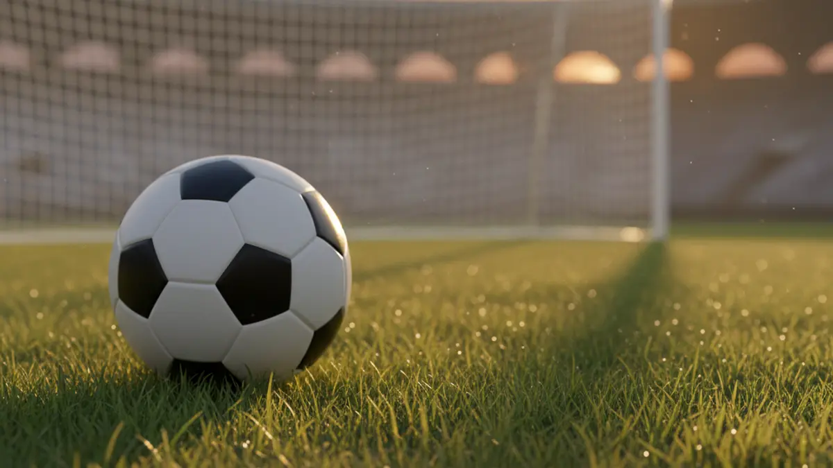 Generic image of a soccer ball on grass, with a blurred goal in the background.