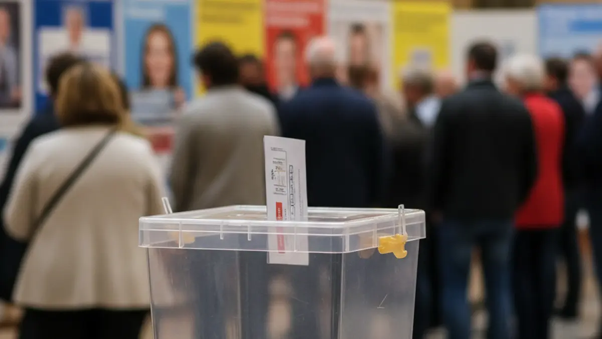 Imagen genérica de una urna electoral con papeletas borrosas al fondo.