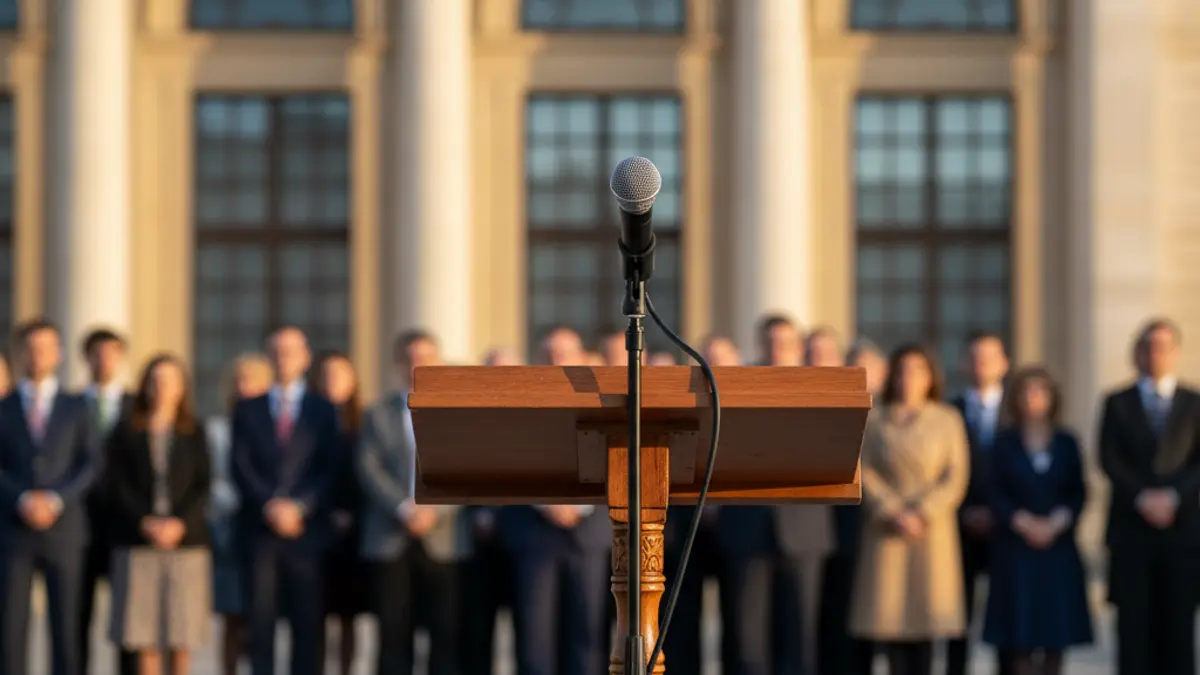 Generic image of a microphone on a podium, symbolizing political statements.