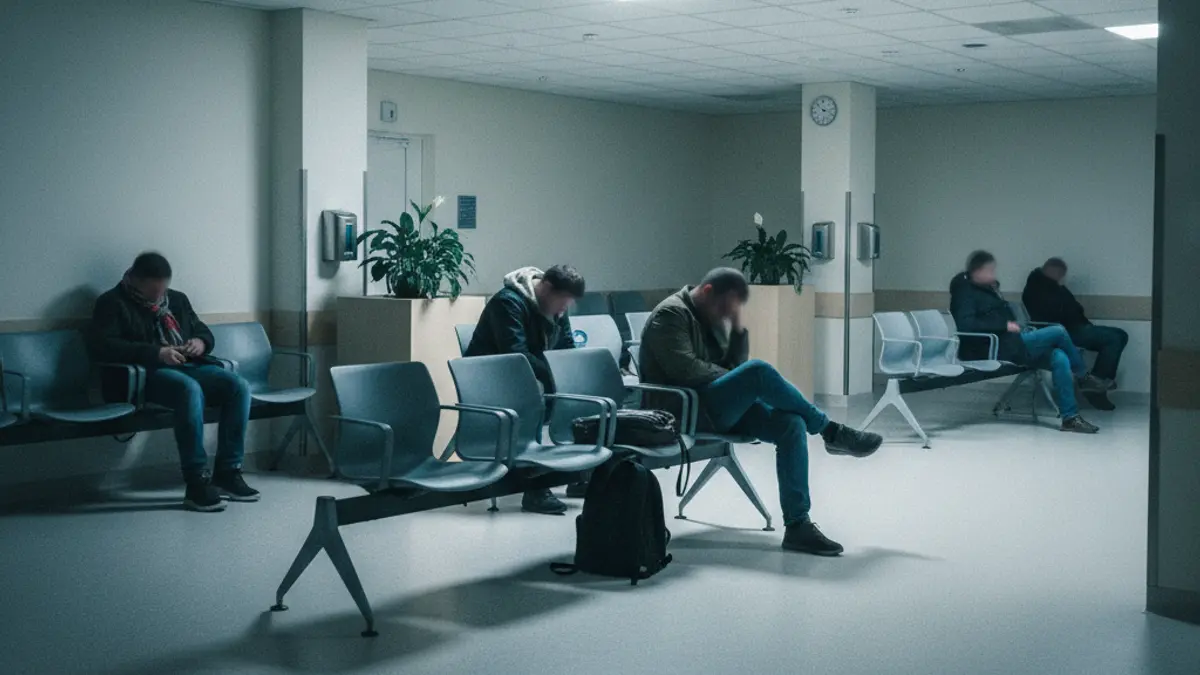 Generic image of a dimly lit hospital waiting room with blurred figures.