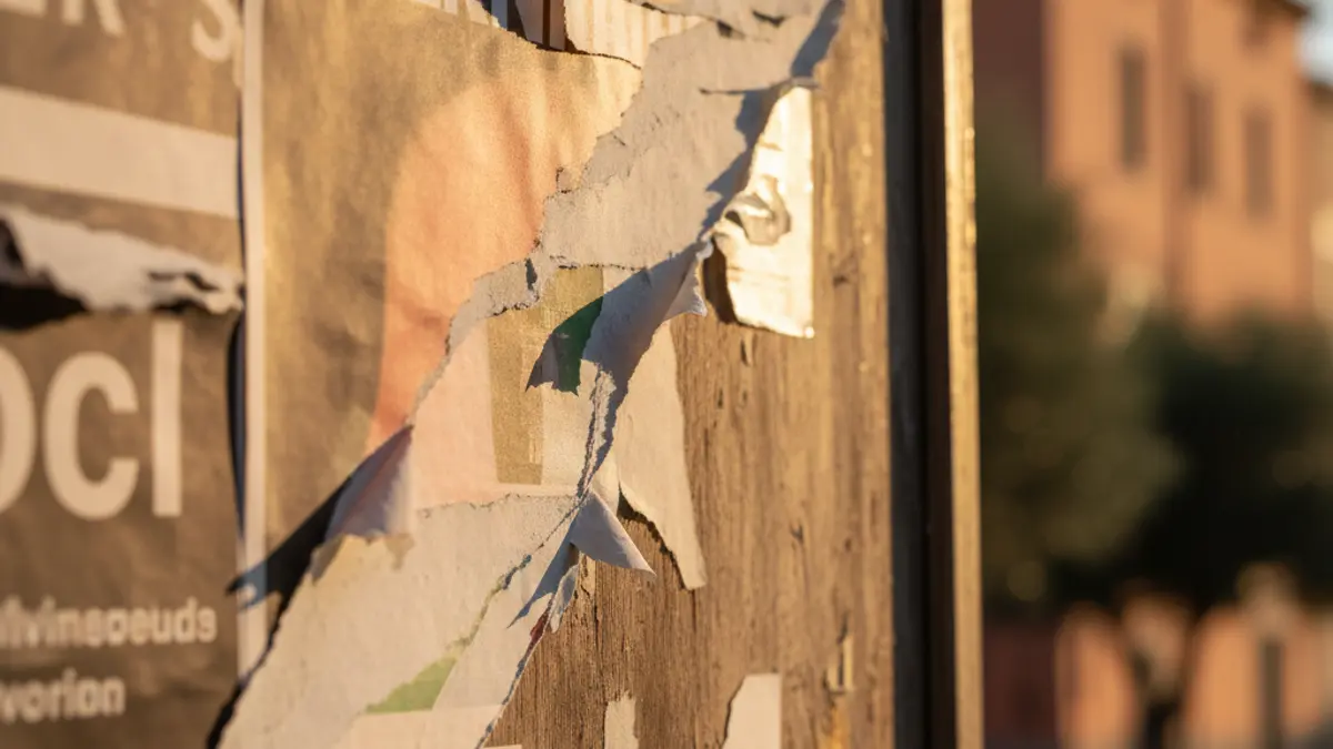 Damaged electoral posters on a public bulletin board.