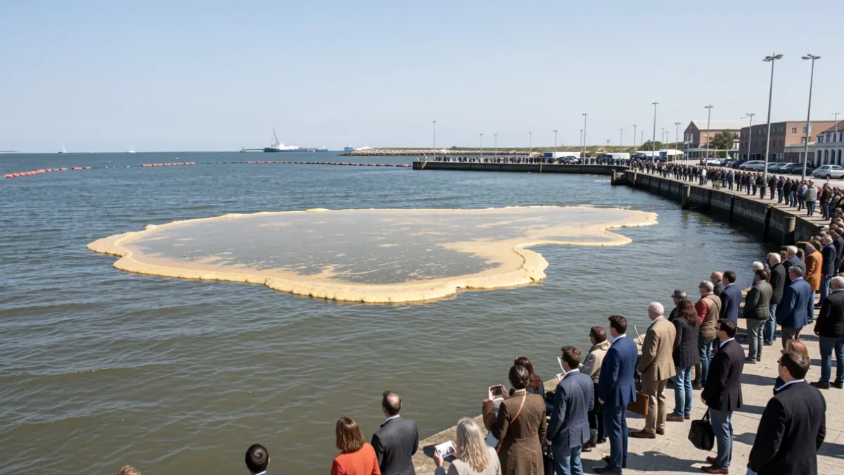 Imagen de una gran mancha de aceite de palma flotando en el mar cerca de un muelle portuario con barreras de contención.