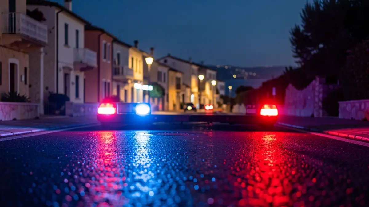 Imagen genérica de luces de emergencia policiales reflejándose en el asfalto mojado por la noche.