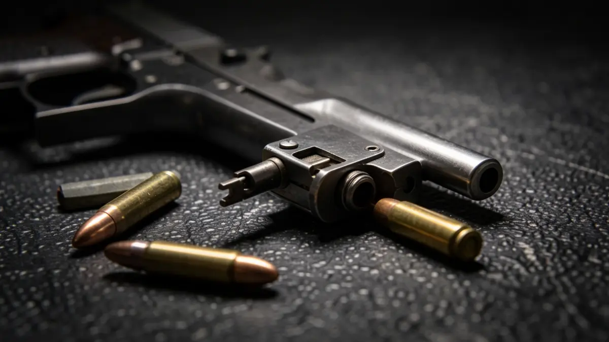 Close-up of a disassembled firearm mechanism with scattered ammunition rounds.