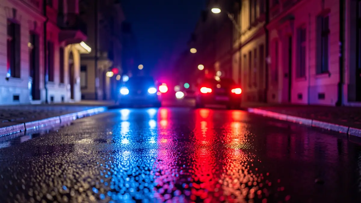 Generic image of police emergency lights reflected on asphalt.