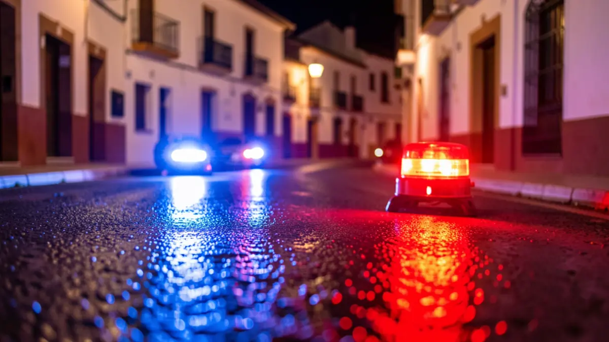 Imagen genérica de luces de emergencia policiales reflejándose en el asfalto mojado por la noche.