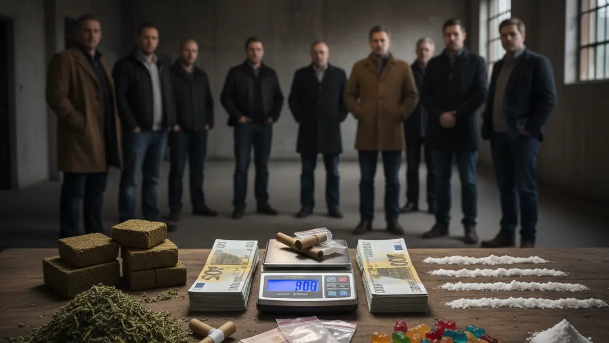 Confiscated illicit substances from a police operation, including marijuana, hashish, cocaine, MDMA, and THC-infused gummies, alongside cash and precision scales.