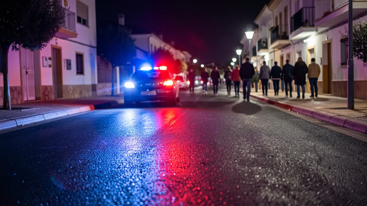 Imagen genérica de luces de emergencia policiales reflejándose en el asfalto mojado por la noche.