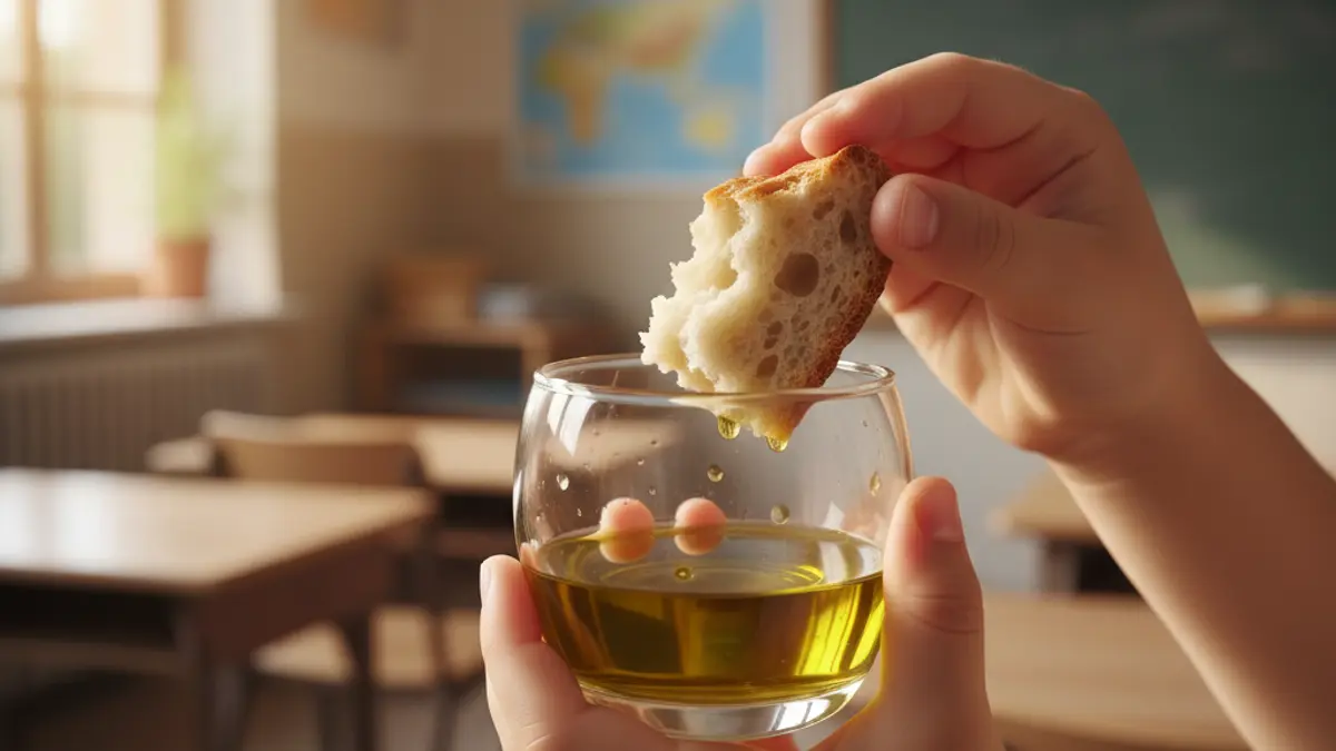Imagen de un niño probando aceite de oliva con pan en un aula.