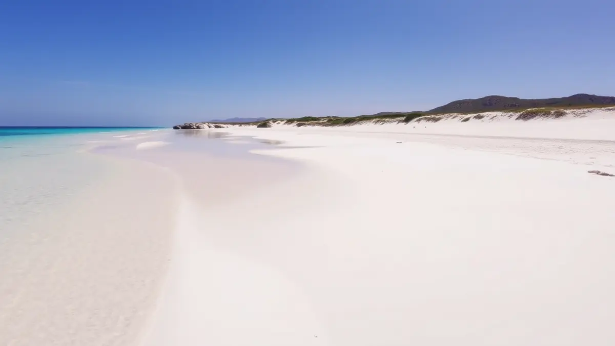 Generic image of a white sand beach with turquoise water in a natural setting.