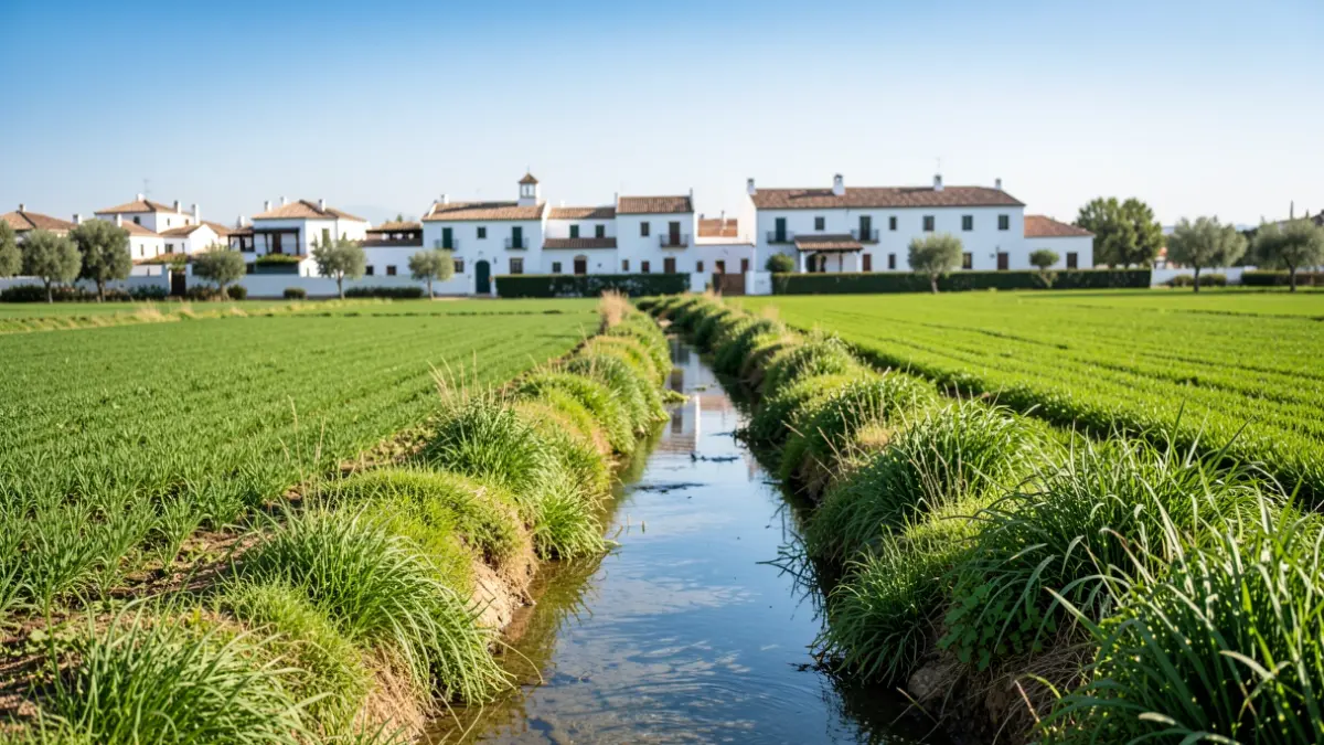 Image of a historic acequia in the Vega de Granada, surrounded by green fields and white architecture.